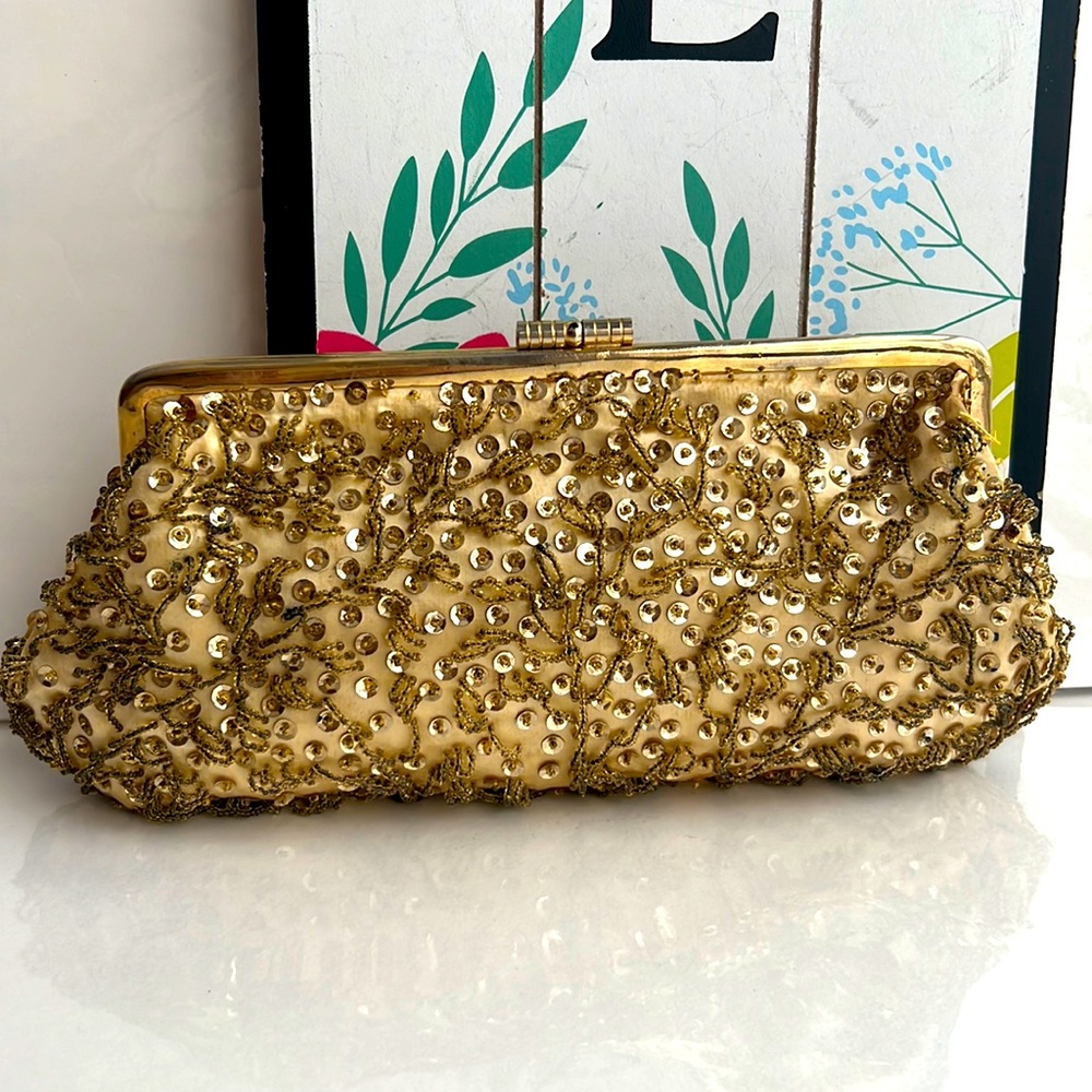 Vintage hand made in Hong Kong Gold Beaded  clutch